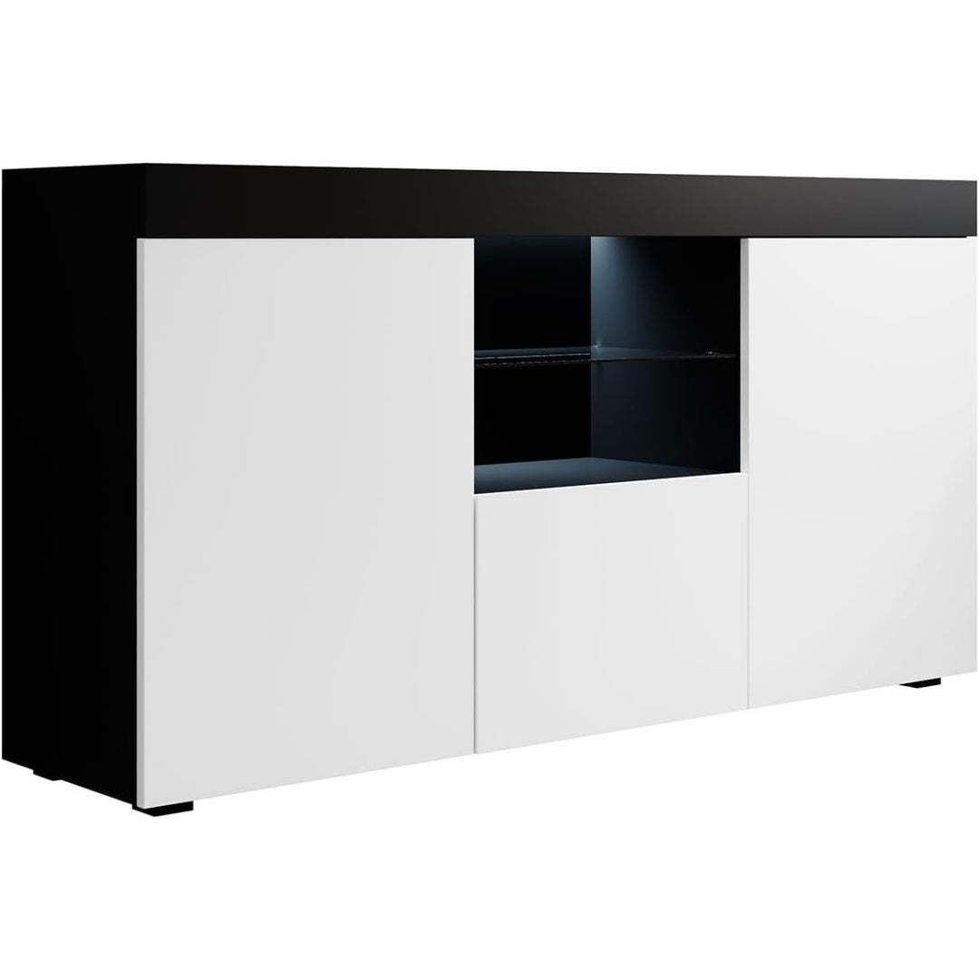 Le charme du rangement avec ce buffet avec portes, avec etageres, coloris blanc et noir