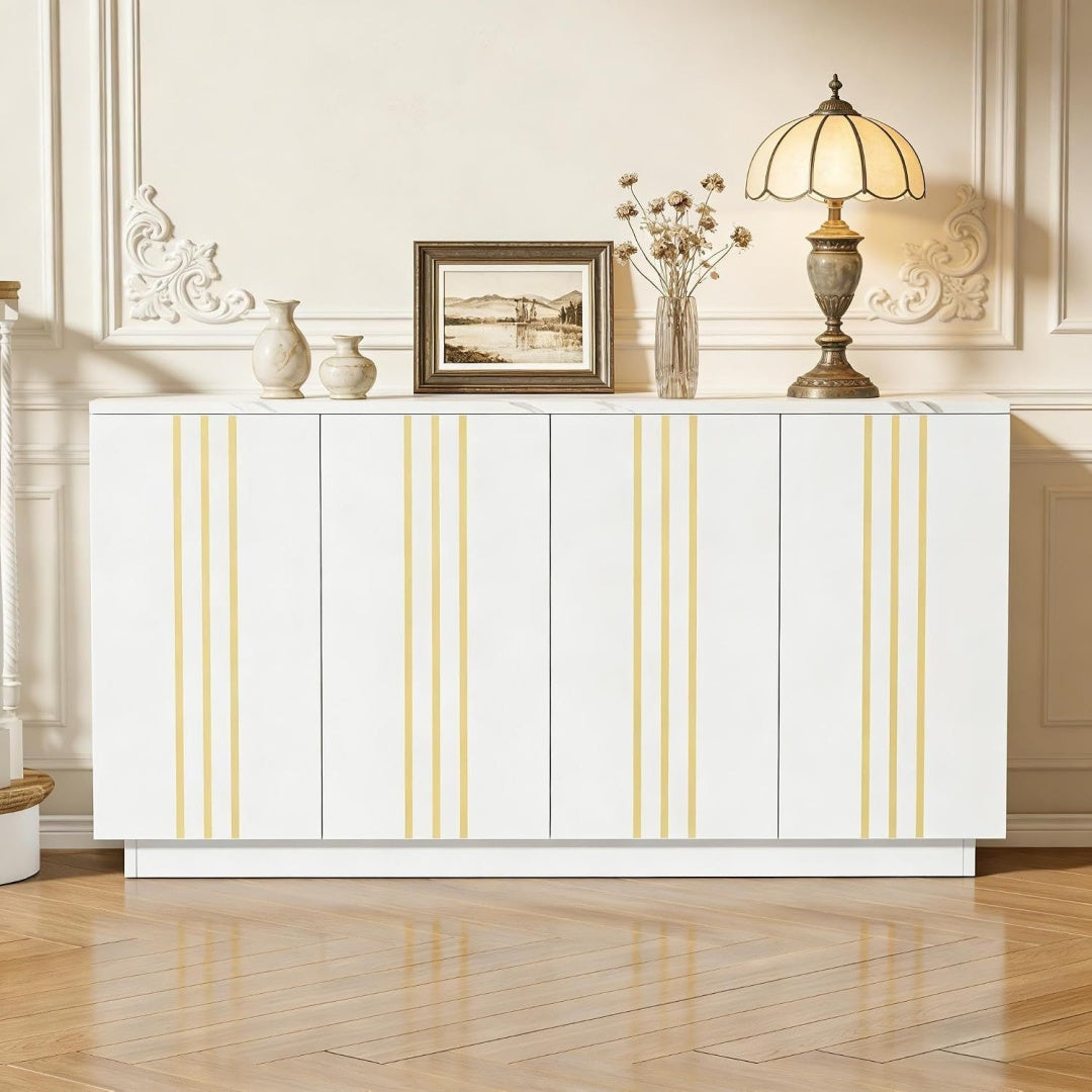 Une touche de caractere, buffet avec portes, aux lignes contemporaines dans un ton blanc et dore