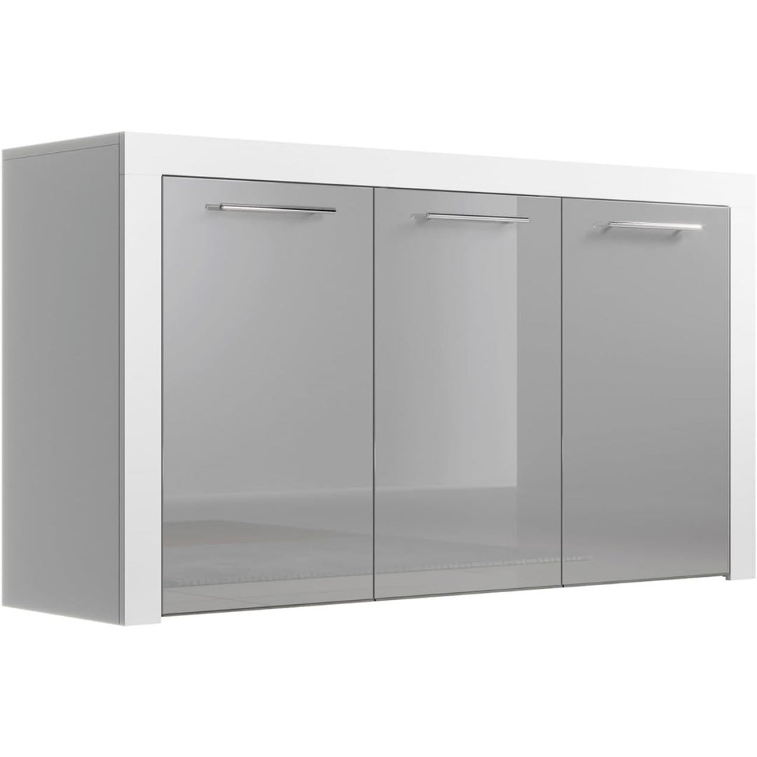 Un espace mieux organise grace a ce buffet avec portes, avec etageres, finition blanc et gris