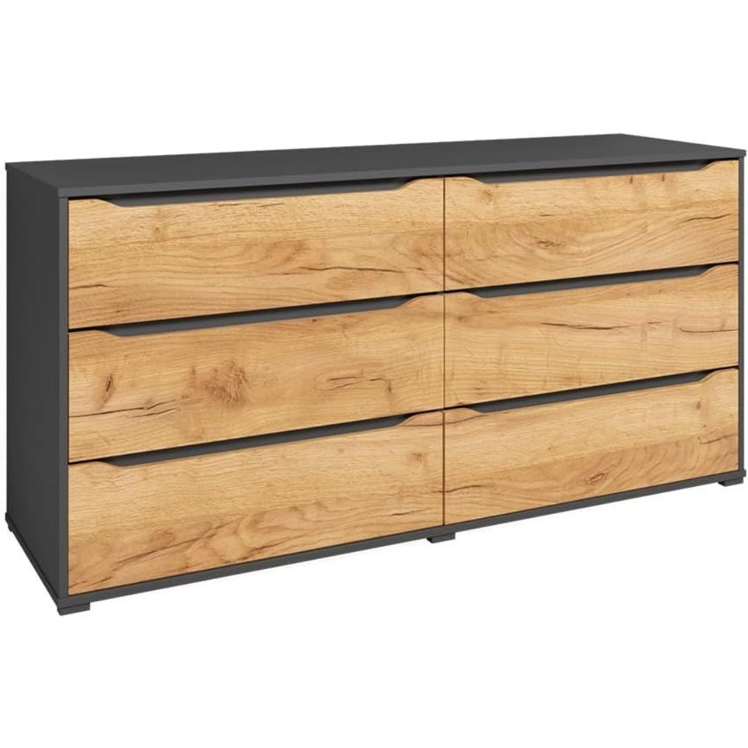 Une silhouette equilibree pour ce buffet avec tiroirs, teinte chene et dore