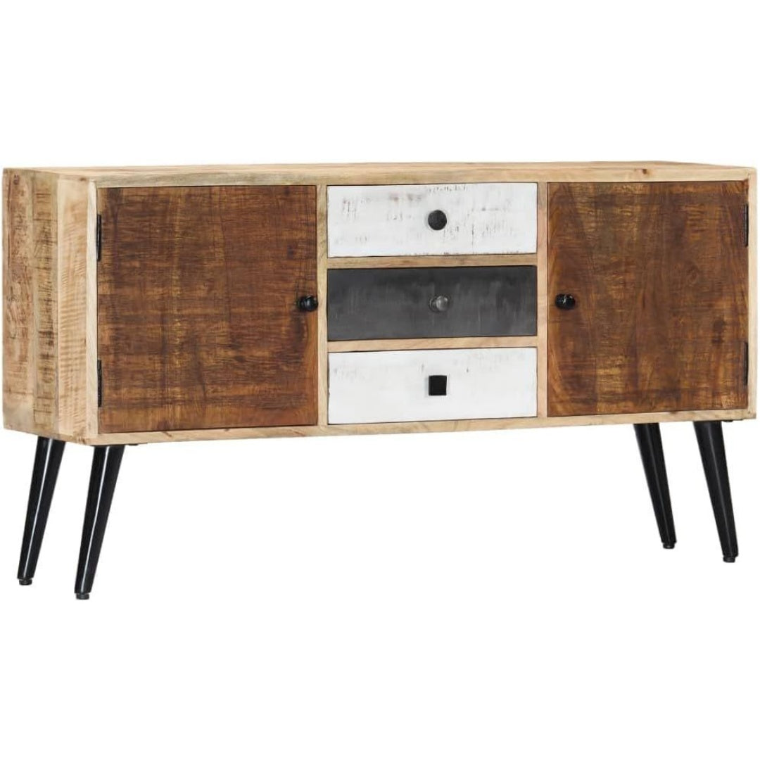 Un espace mieux organise grace a ce buffet avec tiroirs, avec portes, finition bois naturel et dore