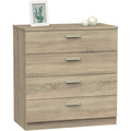Une silhouette equilibree pour ce commode avec tiroirs, aux accents metalliques, teinte chene et beige