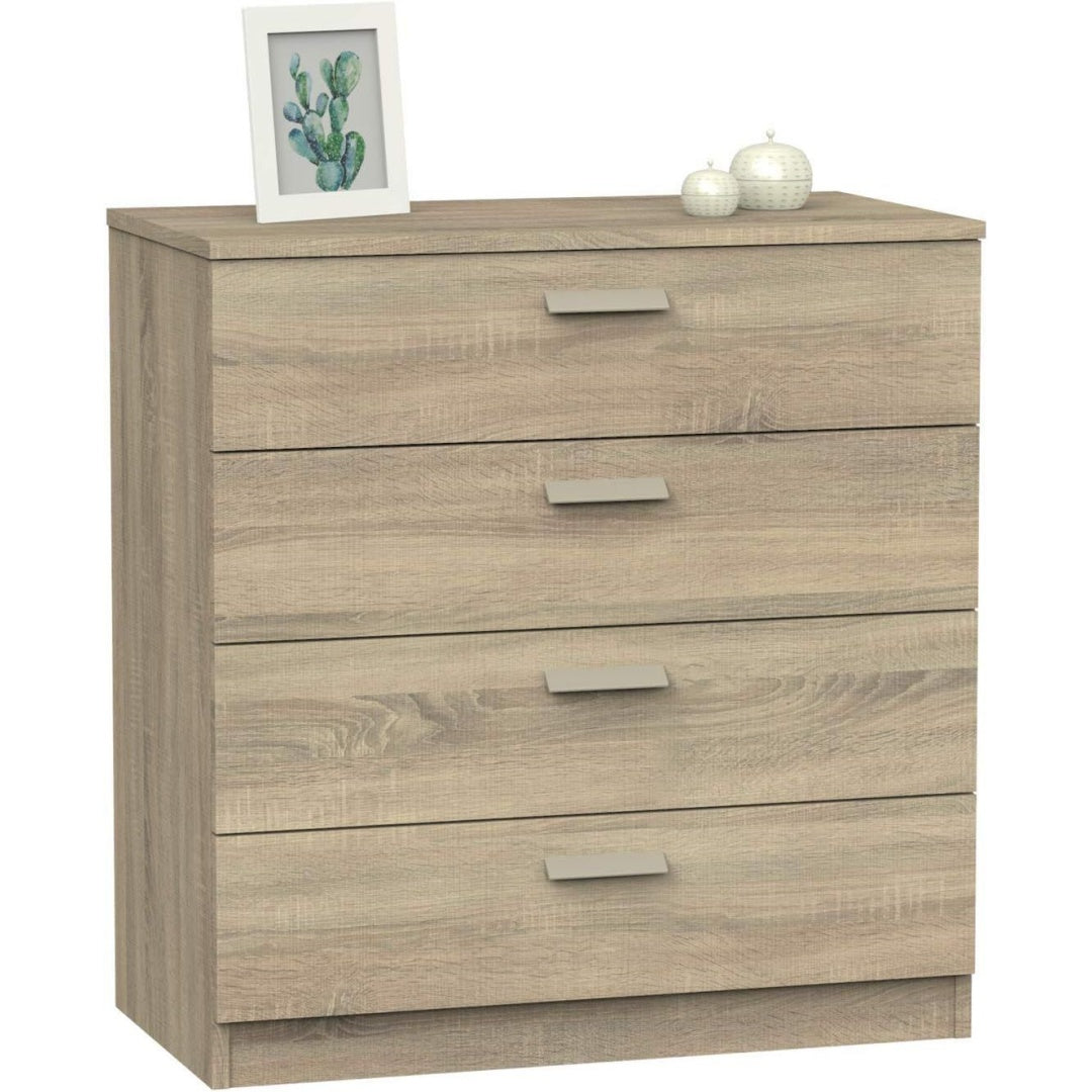 Une silhouette equilibree pour ce commode avec tiroirs, aux accents metalliques, teinte chene et beige