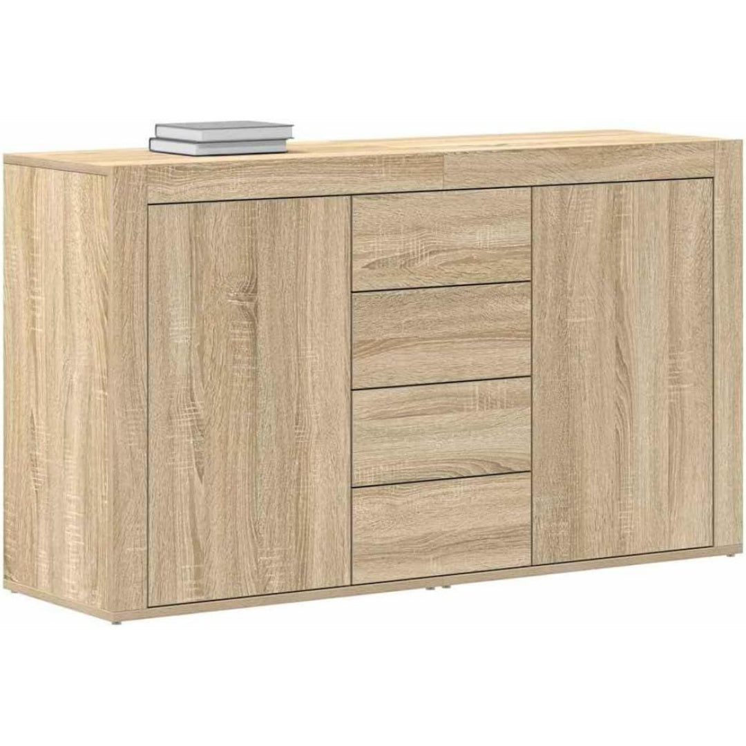 Une silhouette equilibree pour ce buffet avec tiroirs, avec portes, teinte chene et bois naturel