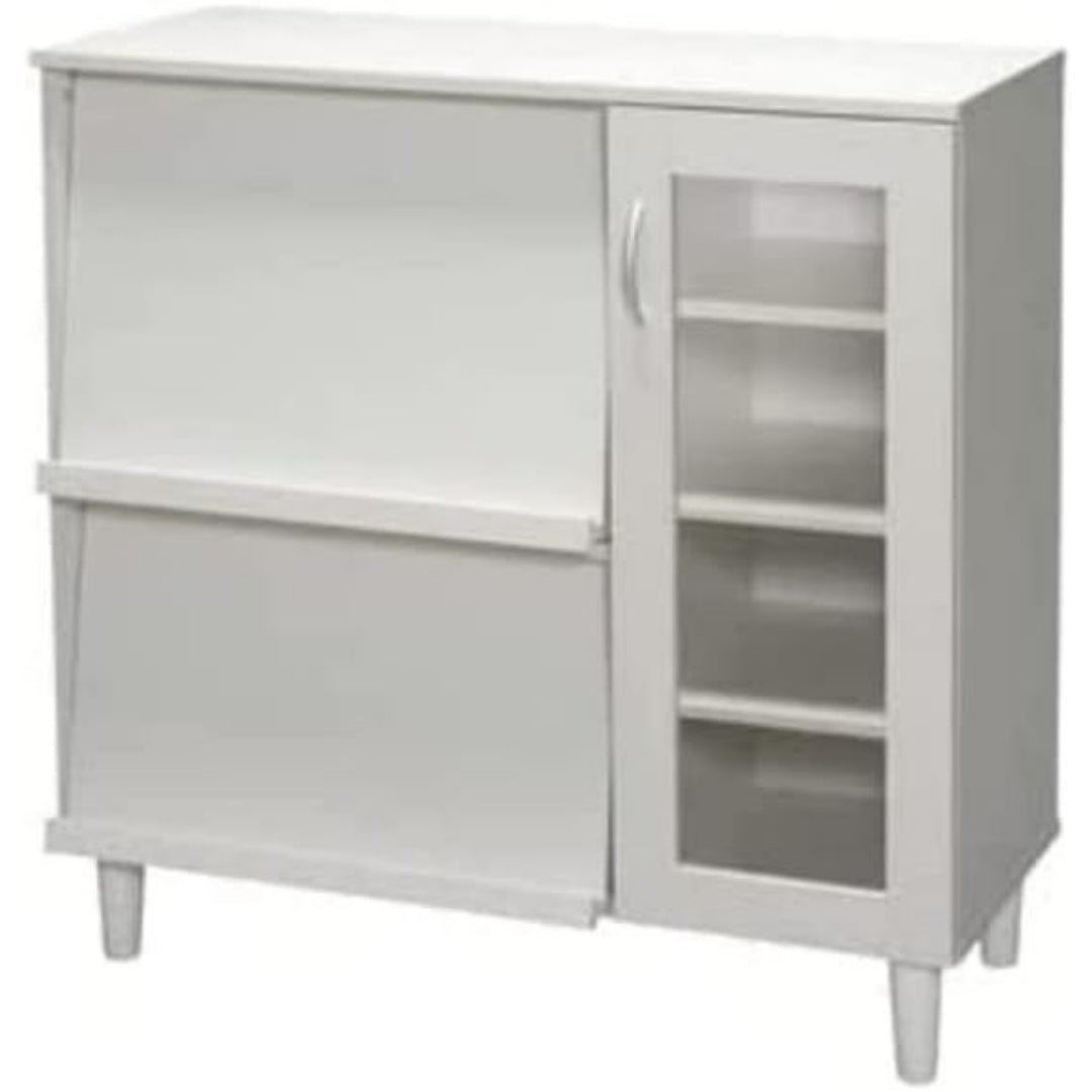 Pour un interieur harmonieux, buffet avec tiroirs, avec etageres en finition blanc et chene