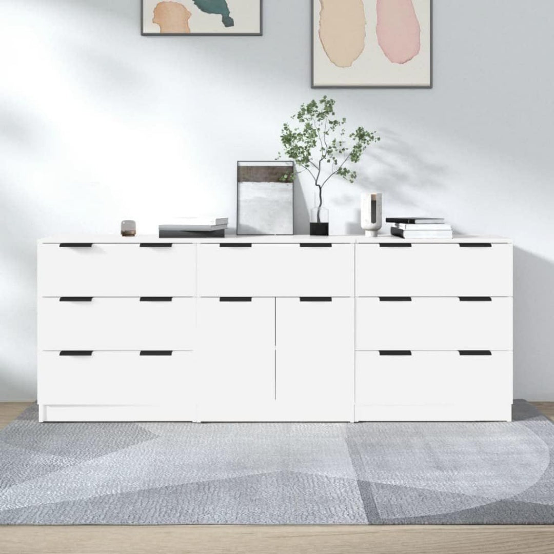 Le charme du rangement avec ce buffet avec tiroirs, avec etageres, coloris blanc et bois naturel