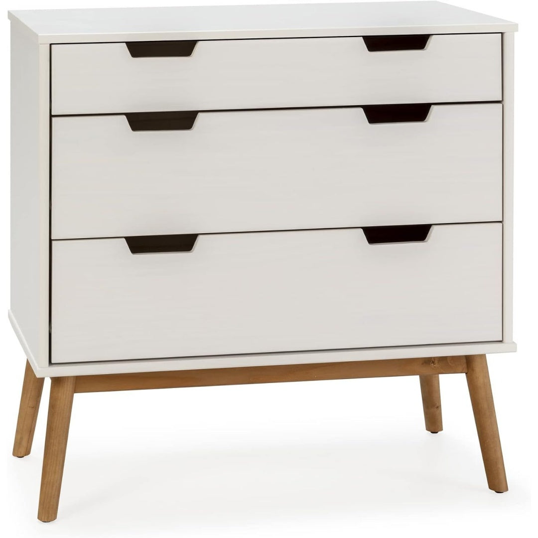 Un espace mieux organise grace a ce commode avec tiroirs, aux accents metalliques, finition blanc et naturel