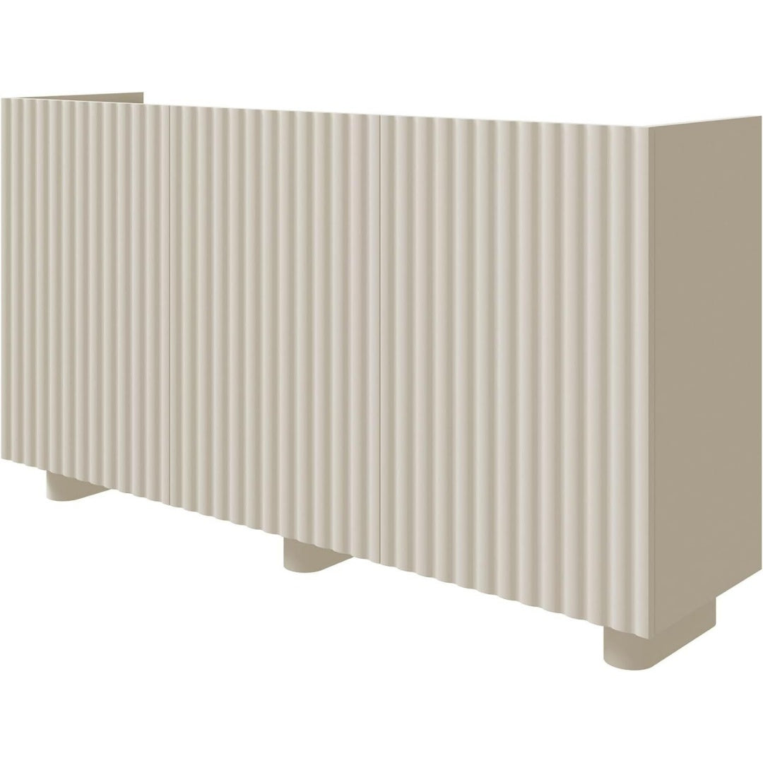 Une silhouette equilibree pour ce buffet avec portes, aux lignes contemporaines, teinte gris et beige