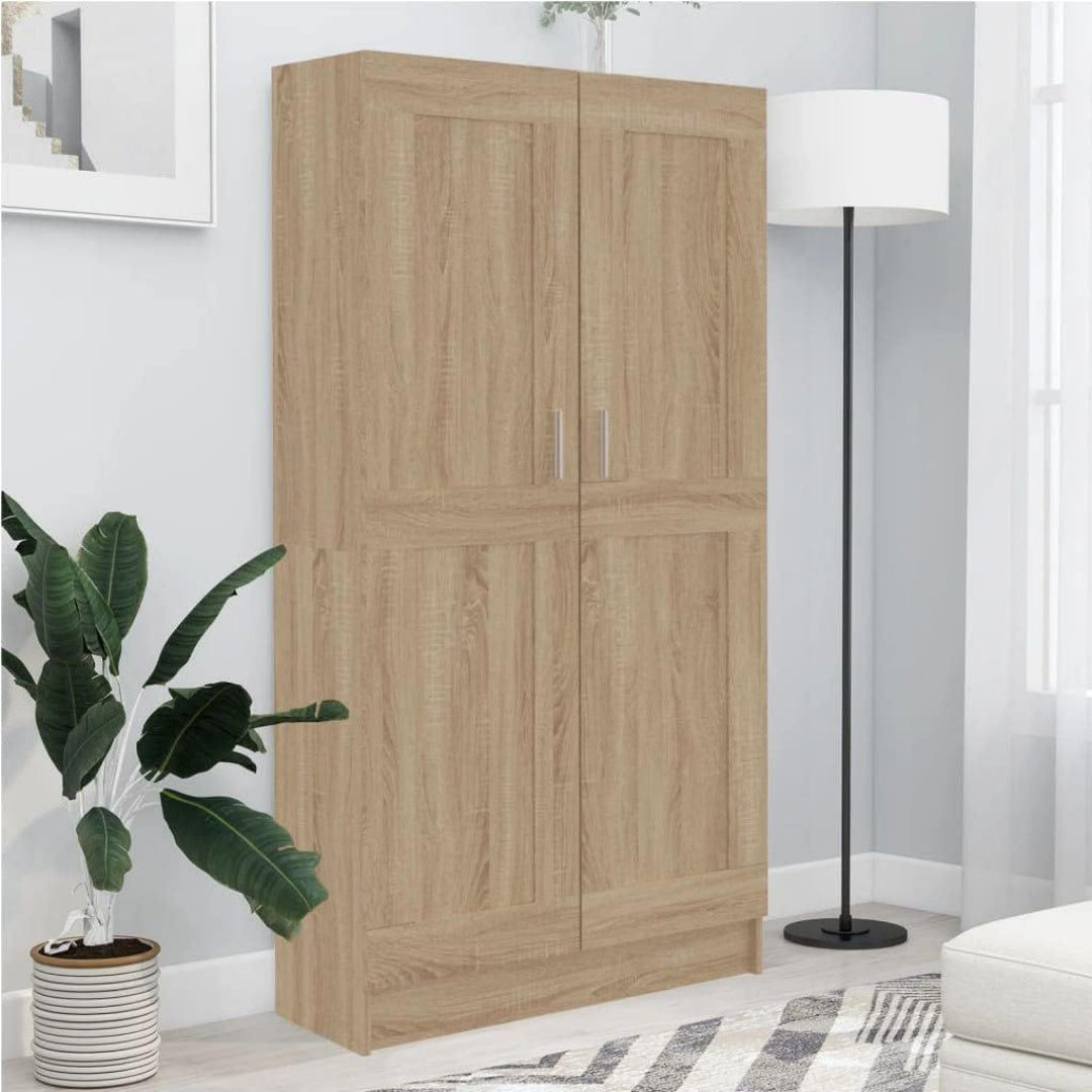 Pour un interieur harmonieux, bibliotheque avec portes, a l'aspect bois en finition chene et bois naturel