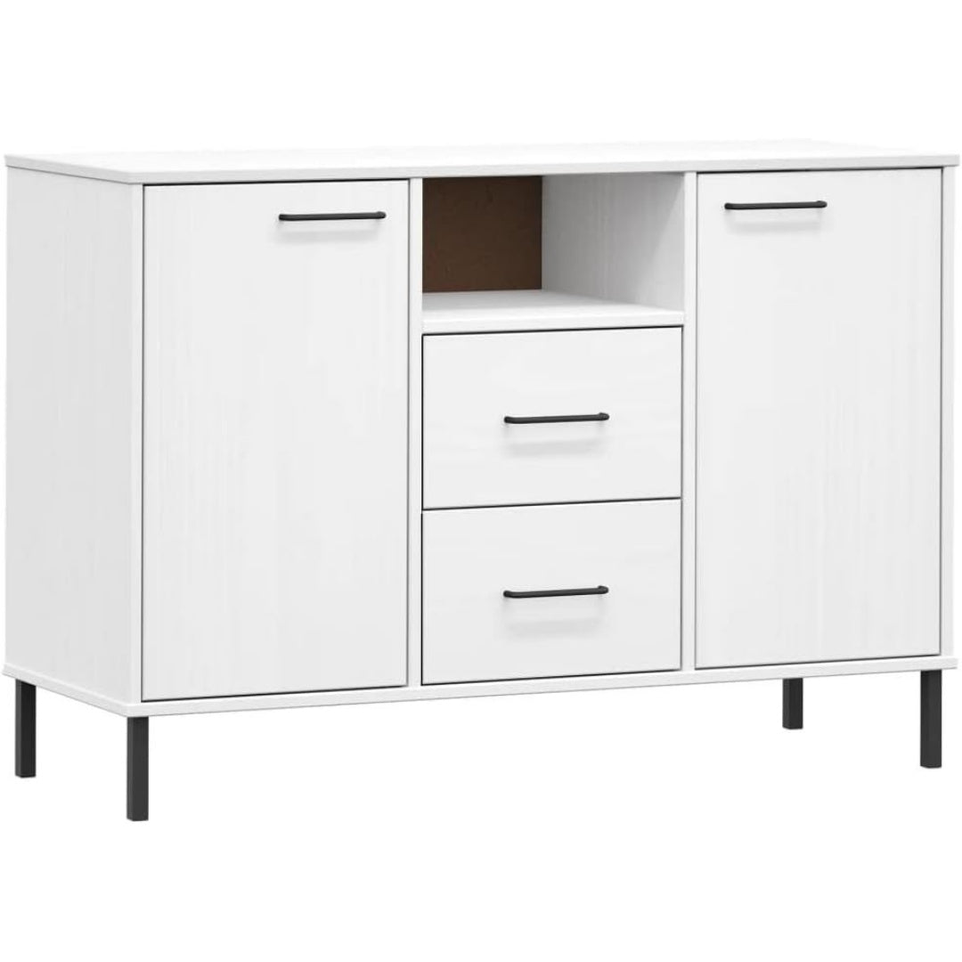Le charme du rangement avec ce buffet aux accents metalliques, a l'aspect bois, coloris blanc et bois naturel