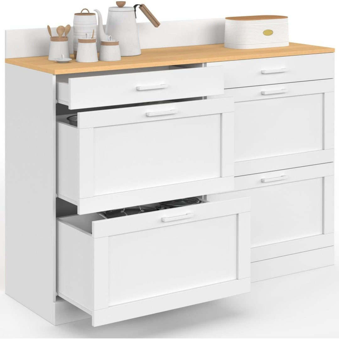 Le charme du rangement avec ce buffet avec tiroirs, a l'aspect bois, coloris blanc et bois naturel