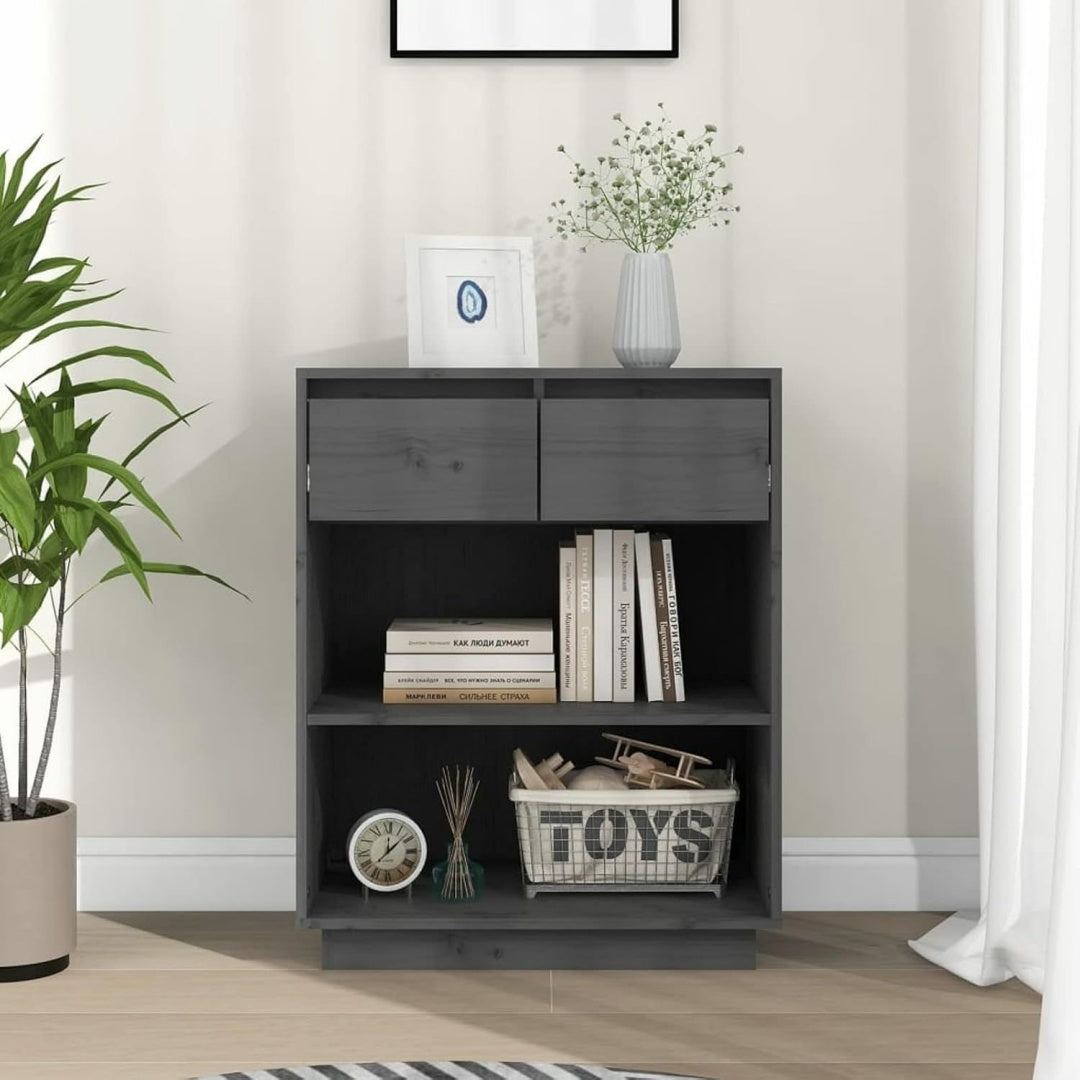 Un espace mieux organise grace a ce commode avec tiroirs, avec etageres, finition gris et bois naturel
