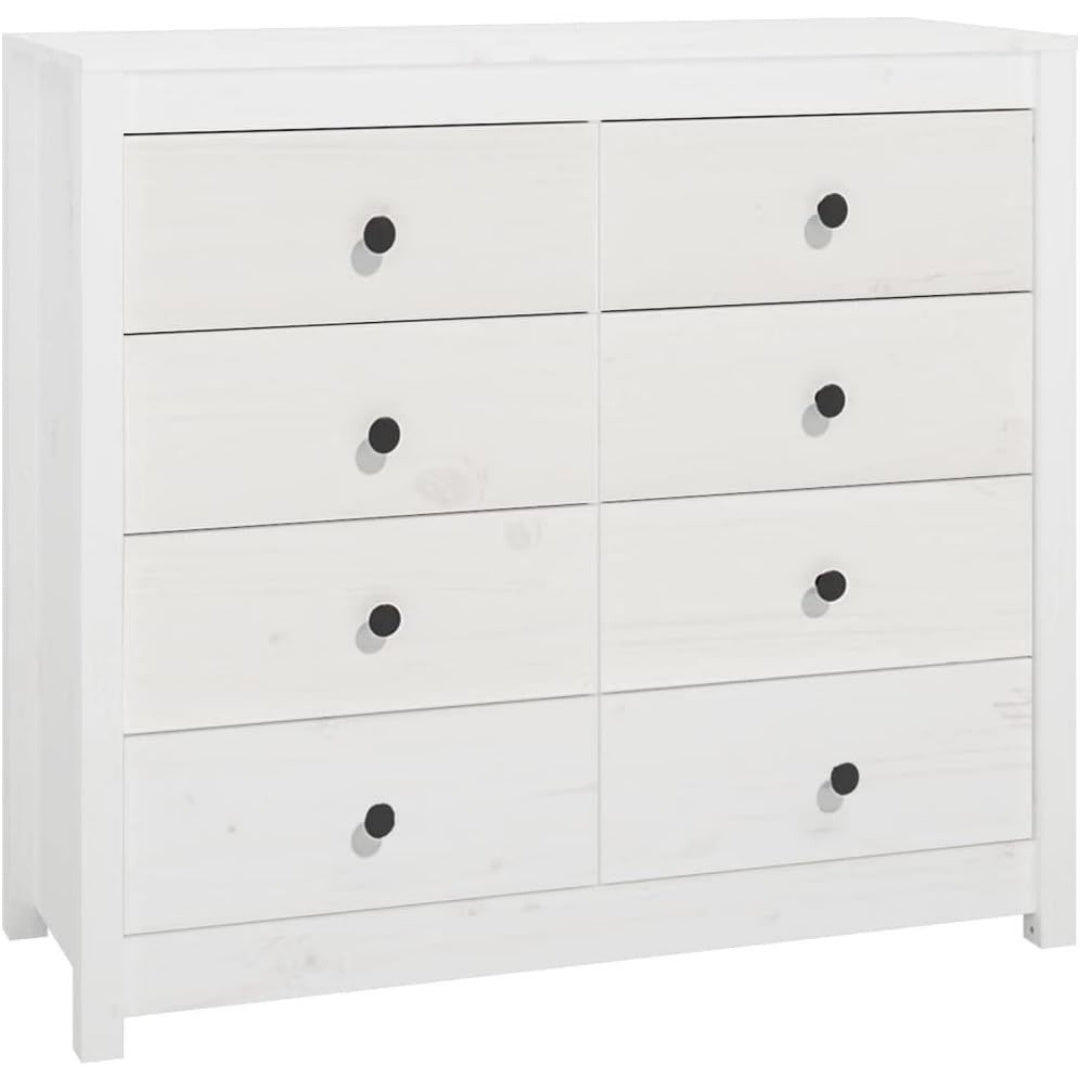 Une silhouette equilibree pour ce buffet avec tiroirs, a l'aspect bois, teinte blanc et naturel