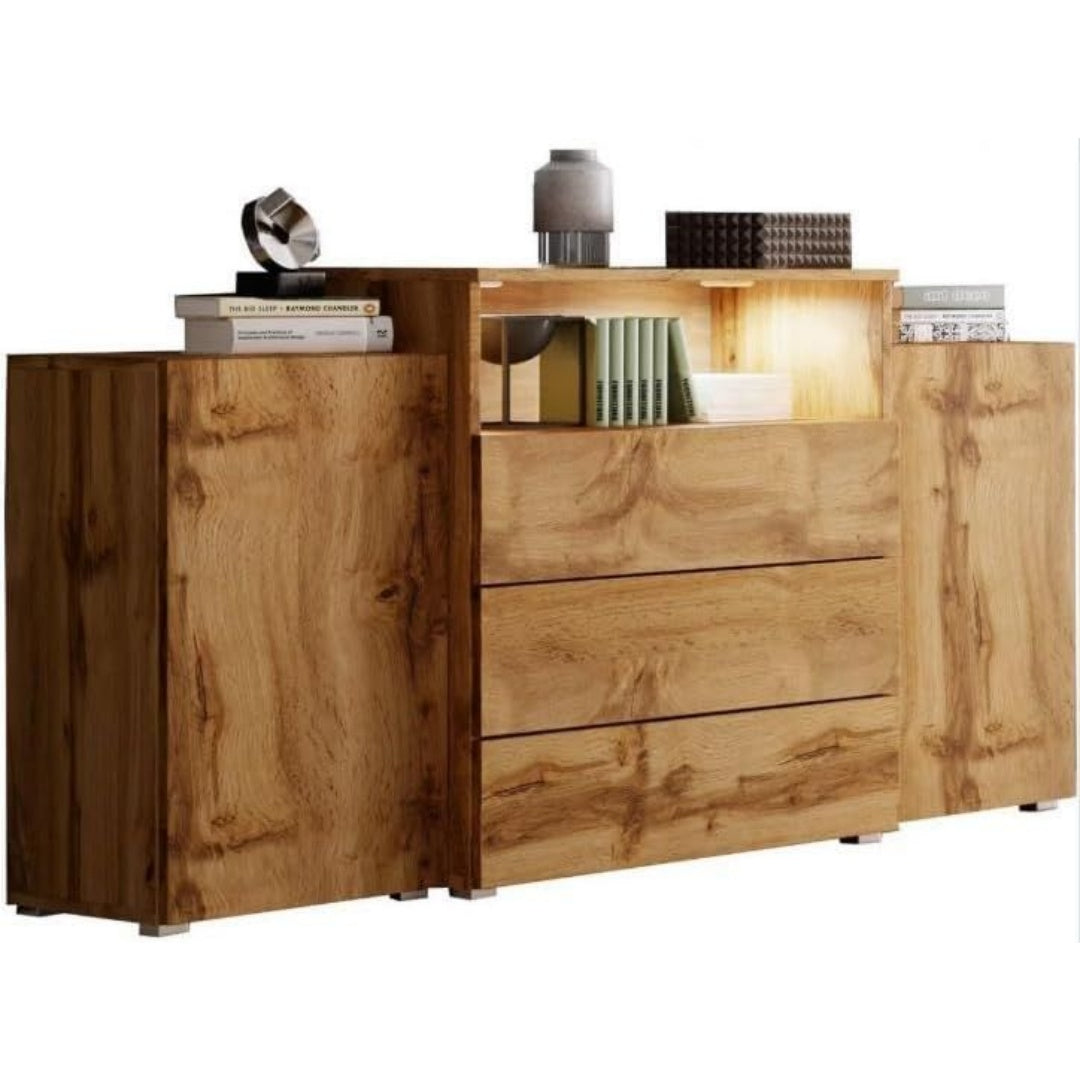 Un espace mieux organise grace a ce commode avec tiroirs, avec portes, finition chene et vert