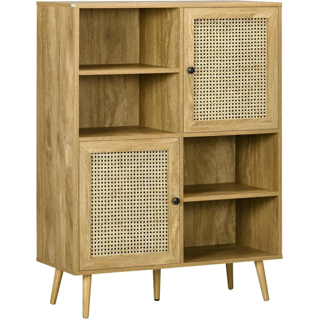 Une silhouette equilibree pour ce buffet avec portes, avec etageres, teinte naturel et vert