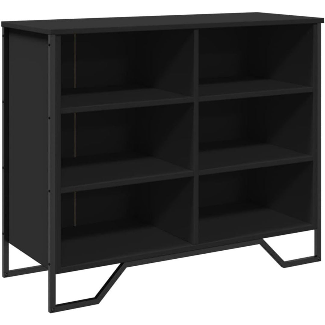 Une silhouette equilibree pour ce buffet avec portes, aux accents metalliques, teinte noir et bois naturel