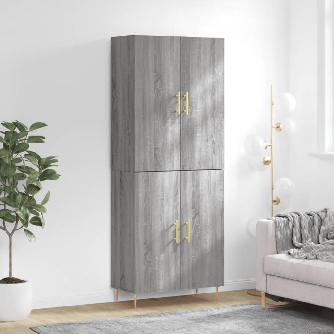 Un espace mieux organise grace a ce buffet avec tiroirs, avec portes, finition gris et bois naturel