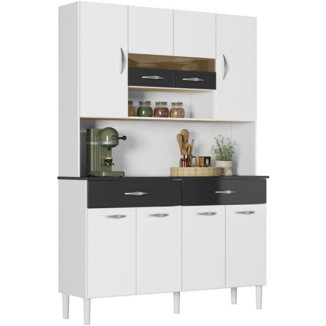 Un espace mieux organise grace a ce buffet avec tiroirs, avec portes, finition blanc et noir