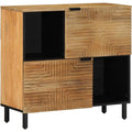 Une silhouette equilibree pour ce buffet avec etageres, a l'aspect bois, teinte marron et bois naturel